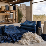 Peças jeans ao lado de aparas de algodão, fibras desfibradas e rolos de fio em ambiente de produção têxtil