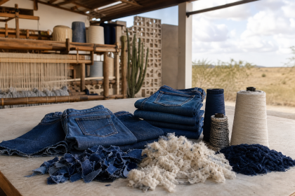 Peças jeans ao lado de aparas de algodão, fibras desfibradas e rolos de fio em ambiente de produção têxtil