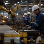 Interior de uma fábrica brasileira com máquinas e trabalhadores usando equipamentos de segurança