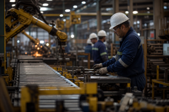Interior de uma fábrica brasileira com máquinas e trabalhadores usando equipamentos de segurança